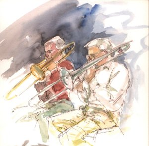 Vic and David - Trombones at reahersal. Copyright Caroline Glanville